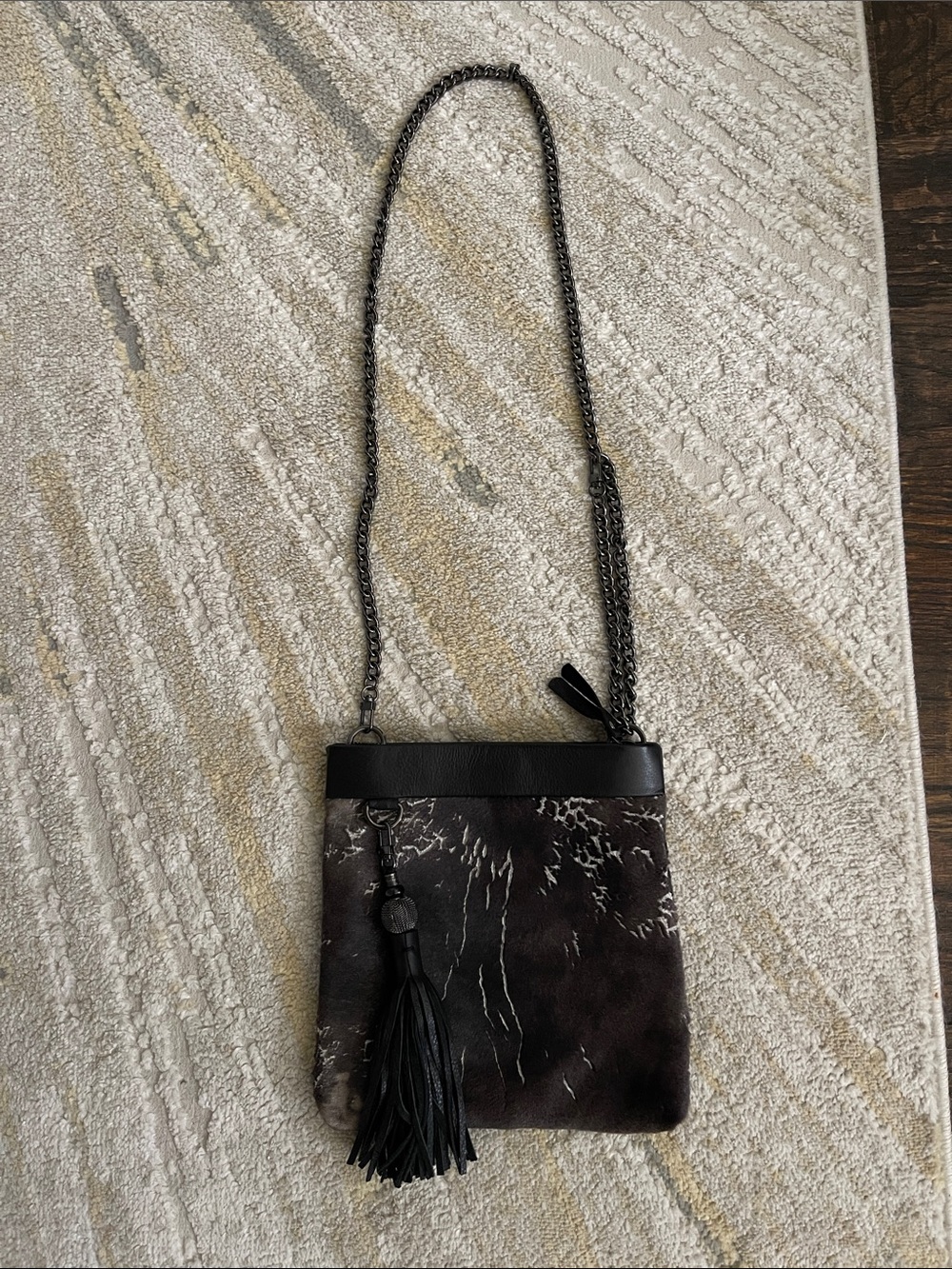 Black Marble-Effect Crossbody Bag with Tassel Accent